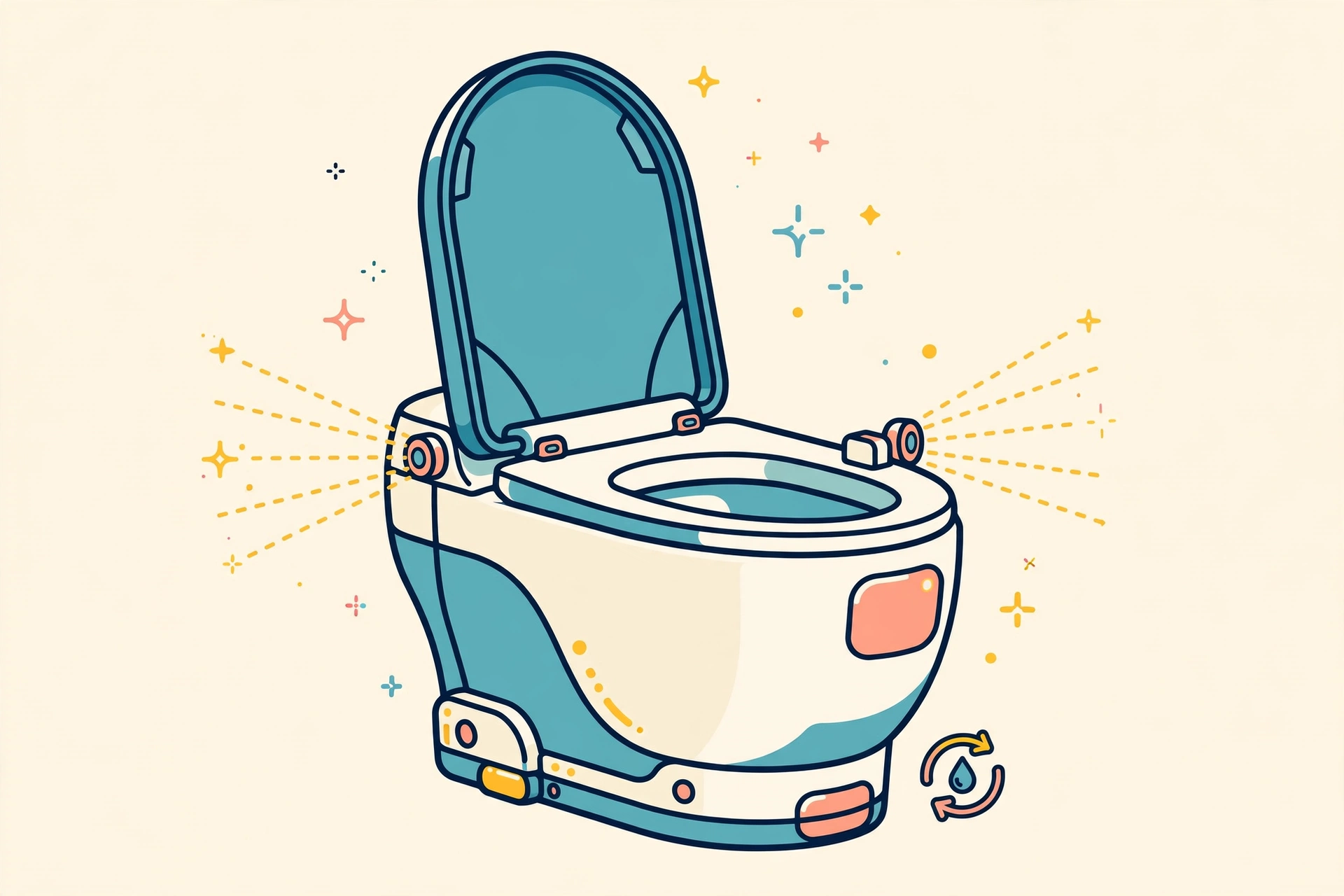 Playful illustration of a smart toilet with the lid auto-raised